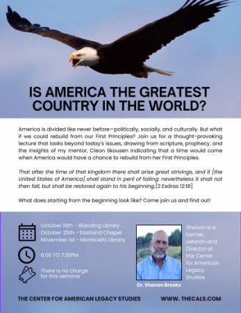 Seminar titled "Is America the greatest?" - Blanding library Oct. 18 6:00pm, Monticello library Nov. 1 6:00pm