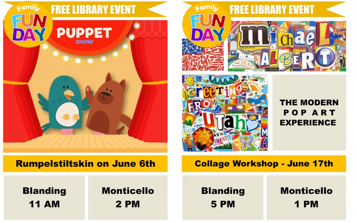 Puppet show at the libraries June 6th at 11:00 a.m. (Blanding library) and 2:00 p.m. (Monticello library)